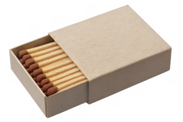 Full, unused matchbox slightly open showing wooden matches with brown tip on a transparent background