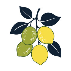 Lemon Branch Silhouette with Dotted Texture Fruits and Leaves Vector