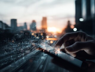 Futuristic hand interacts with a digital interface overlaying a cityscape at dusk, symbolizing smart technology integration, urban connectivity, and the convergence of digital and real worlds.