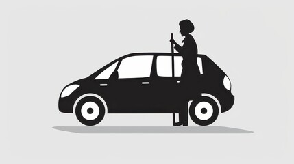 Icon of a car with a senior figure, symbolizing transportation services for the elderly.