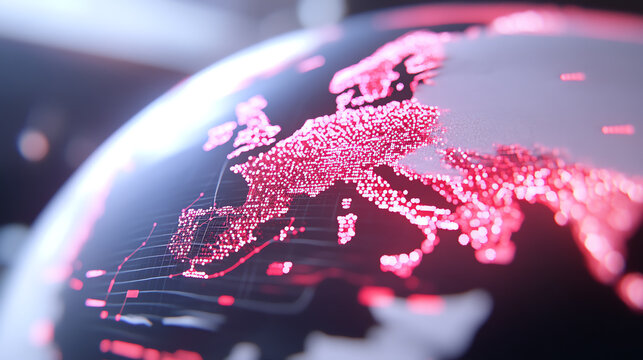 Close-up view of a digital globe highlighting Europe with vibrant red data visualizations and intricate network patterns.