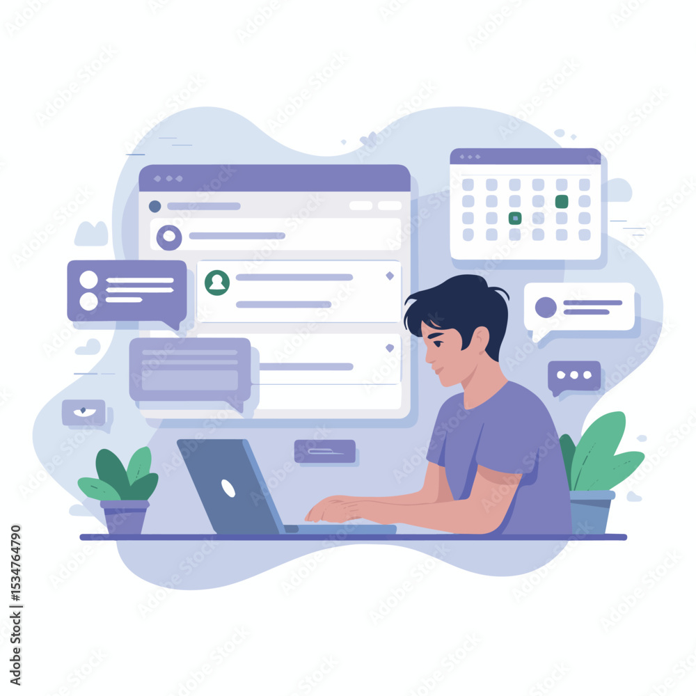 Fototapete young man working on laptop computer with calendar and messaging applications modern workplace illus