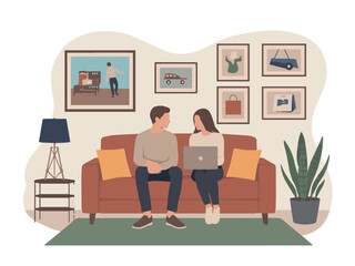 Young couple relaxing on comfortable sofa using laptop modern apartment interior design man home room cozy love flat calm