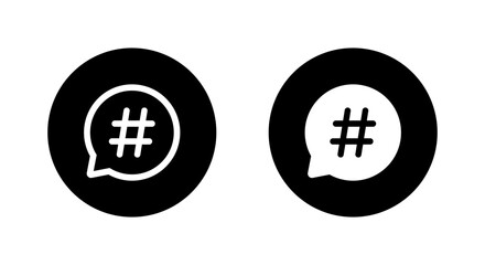 Hastag with speech bubble icon on black circle. Keyword sign symbol