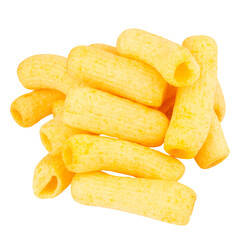  cylindrical crispy snack pile on white background