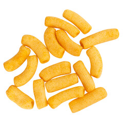 cylindrical  snacks spread out on white background