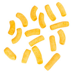 cylindrical snacks falling on white background