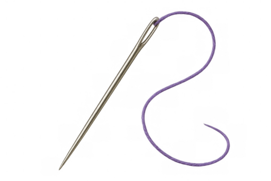 Sewing needle with purple thread isolated on transparent background, perfect for tailoring and fashion projects