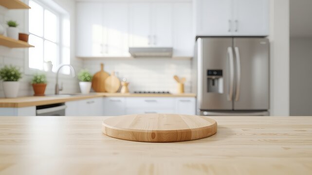 Modern kitchen interior with wood countertop foreground, offering ample space for product placement and food photography opportunities