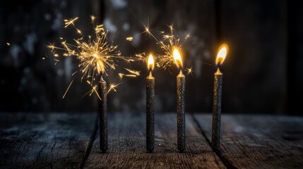 Sparkling Candles on Rustic Wooden Table happy birthday background