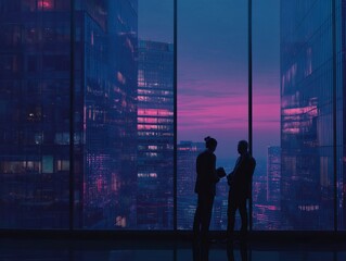Two Business Professionals Silhouetted Against Glass Skyscraper Windows Overlooking Urban Skyline at Sunset Engaged in Corporate Discussion Amid Vibrant Pink and Blue Evening Cityscape