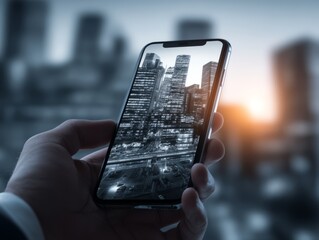 Modern Smartphone Displaying Detailed City Skyline in Handheld View with Urban Skyscrapers Reflected Through Screen Capturing Blend of Technology Communication and Metropolitan Life