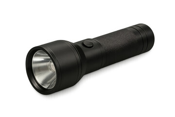 Black metal flashlight with textured grip, emitting bright light against clear background, highlighting sleek industrial aesthetic