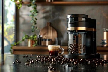 High Detail Visual of Coffee Beans and a Coffee Maker