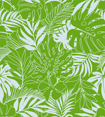 seamless pattern Exotic   wallpaper of tropical flowers   leaves of palm trees and flowers bird of paradis, hibiscus, artwork for fabrics, souvenirs, packaging, greeting cards 
