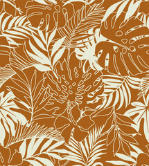 seamless pattern Exotic   wallpaper of tropical flowers   leaves of palm trees and flowers bird of paradis, hibiscus, artwork for fabrics, souvenirs, packaging, greeting cards 