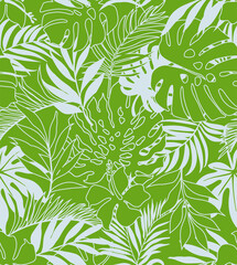  seamless pattern Exotic   wallpaper of tropical flowers  green leaves of palm trees and flowers bird of paradis, hibiscus, artwork for fabrics, souvenirs, packaging, greeting cards 