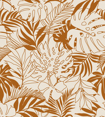 seamless pattern Exotic   wallpaper of tropical flowers   leaves of palm trees and flowers bird of paradis, hibiscus, artwork for fabrics, souvenirs, packaging, greeting cards 