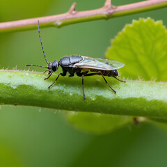 Fototapeta premium Colony of Eriosoma lanigerum, the woolly apple aphid, woolly aphid or American blight, an aphid in the superfamily Aphidoidea in the order Hemiptera on a apple tree twig. Selective focus.