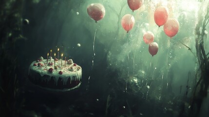Submerged Birthday Cake with Balloons happy birthday background