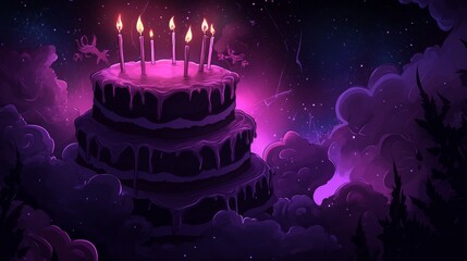 Cosmic Purple Cake in the Night Sky happy birthday background