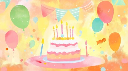Birthday Celebration with Colorful Balloons and Cake happy birthday background