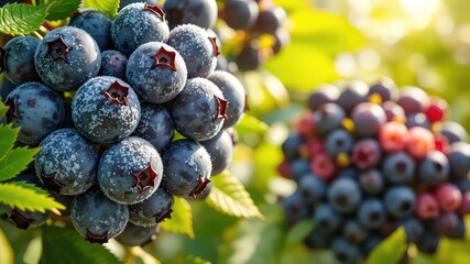 Close up of fresh blueberries covered in a light coating, with greenery and sunshine in the background