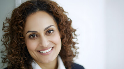 Confident Middle Eastern businesswoman smiling warmly, embodying professionalism and approachability.