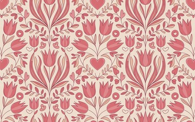 Scandinavian Folk Art, Romantic Floral Pattern with Pink Tulips and Hearts