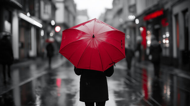 Fototapeta Person Holding Red Umbrella on Rainy Urban Street