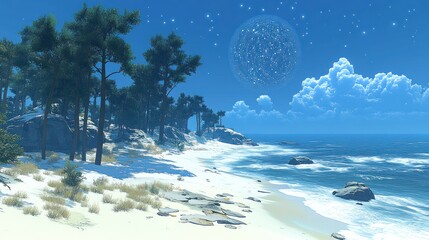 Coastal landscape, serene beach scene with large moon, trees, and rocks