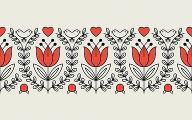 Scandinavian Folk Art, Folkloric Floral Border with Birds and Hearts in Red and Black on Cream Background