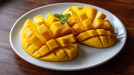Sliced Mangoes Arranged on a White Plate with a Mint Garnish