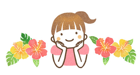 頬杖をつく女の子とハイビスカスの花