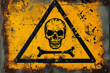 Yellow triangular sign. Grungy style danger sign with skull and cross bones. Rusty. Warning. Caution. Hazard. Danger. Worn out.