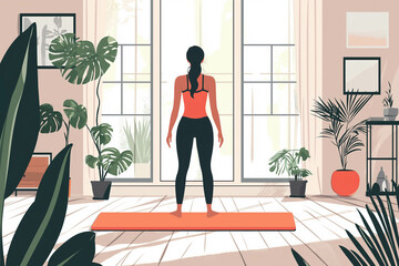 Yoga at home active lifestyle woman rolling exercise mat in living room for morning meditation yoga banner background.