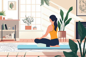 Yoga at home active lifestyle woman rolling exercise mat in living room for morning meditation yoga banner background.