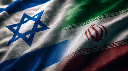  Israel vs Iran. Fists with flags. Battle of two countries on sky.