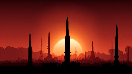 Fototapeta premium Silhouette of missiles with Iran flag against the sunset 