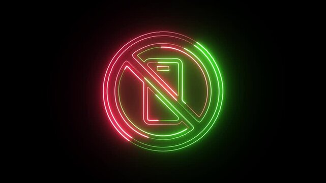 Glowing neon line no pictures icon with camera prohibition animation. Photography not allowed symbol animation HD video isolated on black background.

