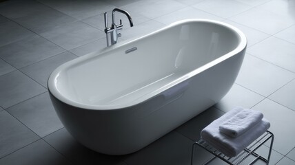 Fototapeta premium Modern freestanding bathtub in a tiled bathroom with neatly folded towels on a wire rack.