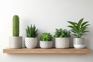 Potted plants on wooden shelf