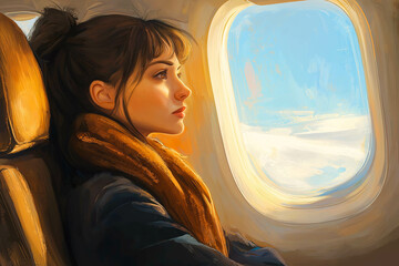 Young woman traveling by plane looking out the window.