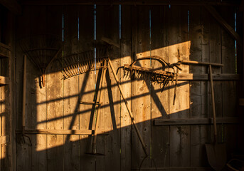 Rustic wooden tools in barn interior