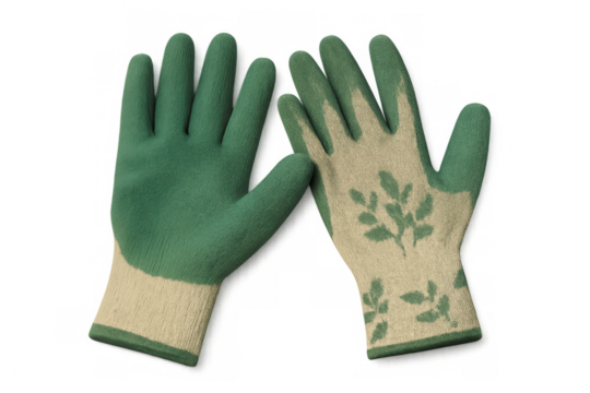 Protective gardening gloves featuring leaf-inspired design, safeguarding hands while working with plants and soil on clean background