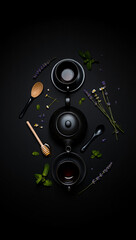 Obraz premium Elegant Black Tea Set with Lavender and Mint A Dark and Serene Still Life