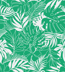 seamless pattern Exotic   wallpaper of tropical flowers   leaves of palm trees and flowers bird of paradis, hibiscus, artwork for fabrics, souvenirs, packaging, greeting cards 