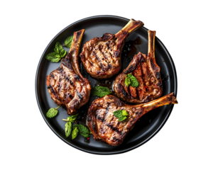 Grilled lamb chops with juicy char marks served on black plate and garnished with fresh mint leaves isolated on transparent background