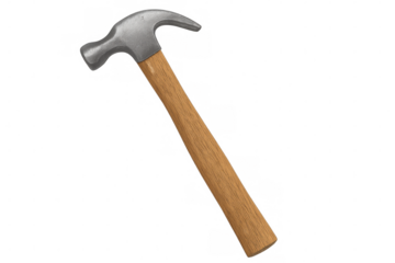 Metal claw hammer with wooden handle lying on a transparent background, ideal for easy placement in any project
