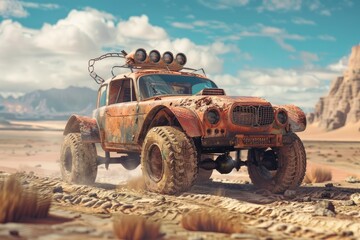 High Detail Picture of Mad Max Style Offroad Car in PostApocalyptic Desert, Rusty and Rugged
